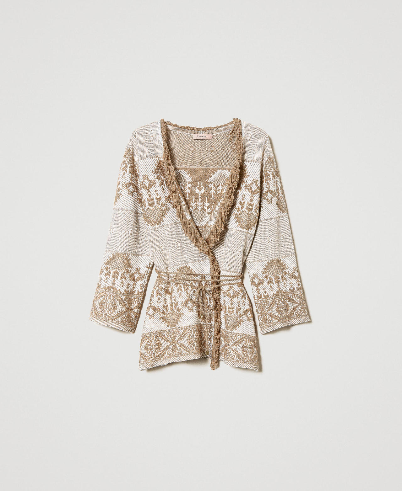 Jacquard knit jacket with fringes Two-tone Ivory Textured Jacquard Lurex Woman 231TT3251-0S