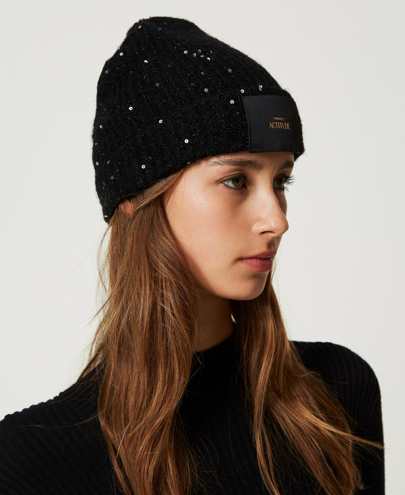 Lurex beanie with sequins Black Woman 232AO5010_00006_S0