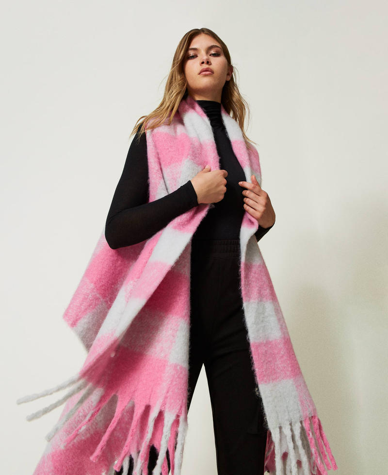 Chequered wool cloth poncho-scarf Two-tone Quite Gray / “Wild Orchid” Pink Woman 232AO5090-01