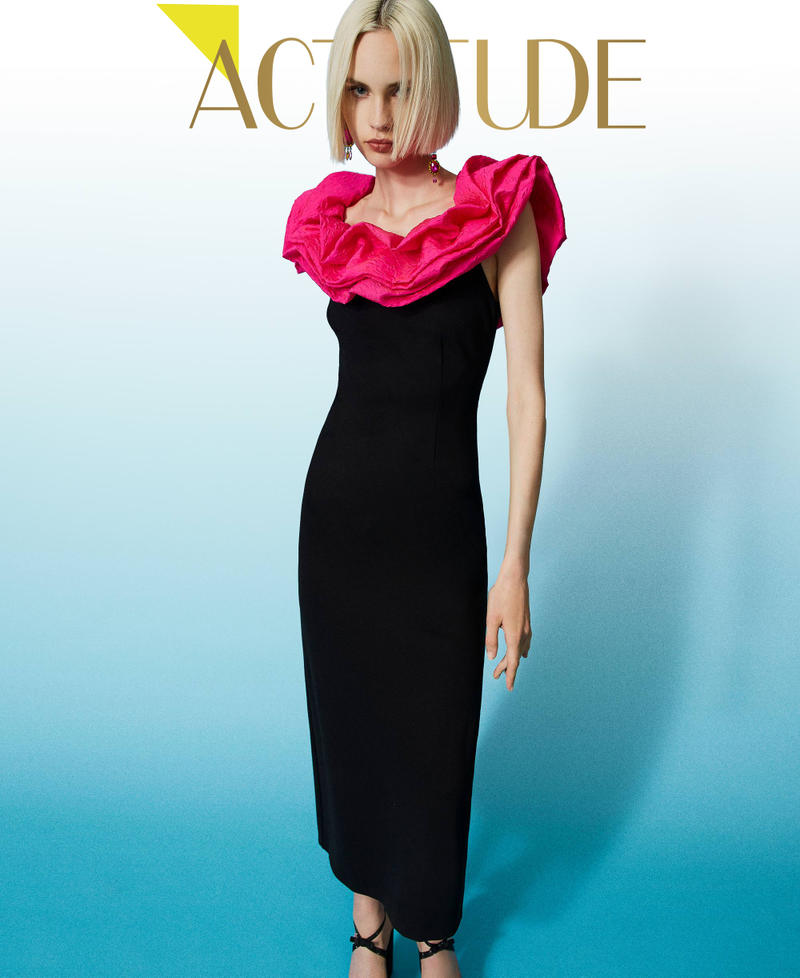 Long dress with embossed taffeta flounces Two-tone Black / Dahlia Fuchsia Woman 232AP2012_10818_01