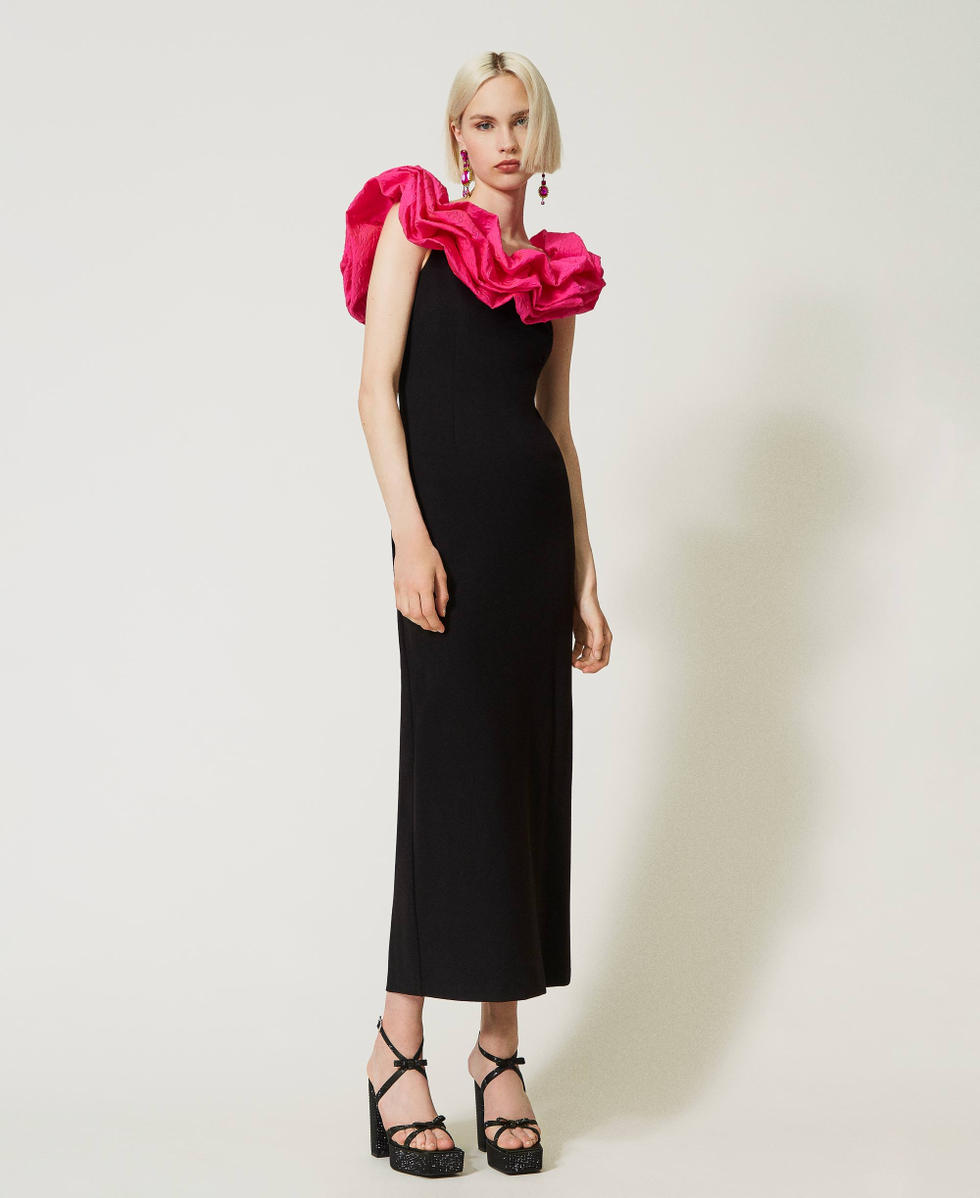 Long dress with embossed taffeta flounces