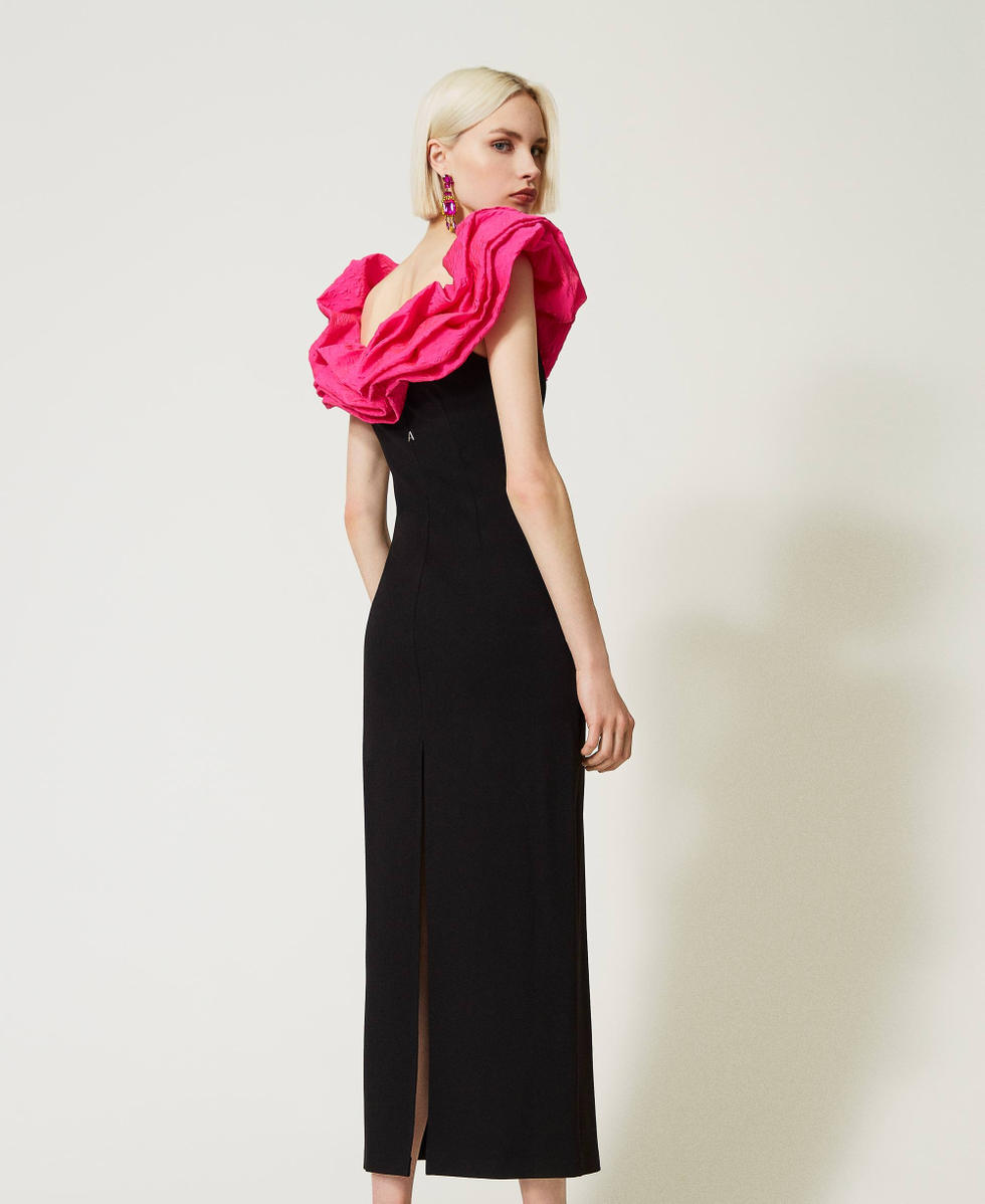 Long dress with embossed taffeta flounces