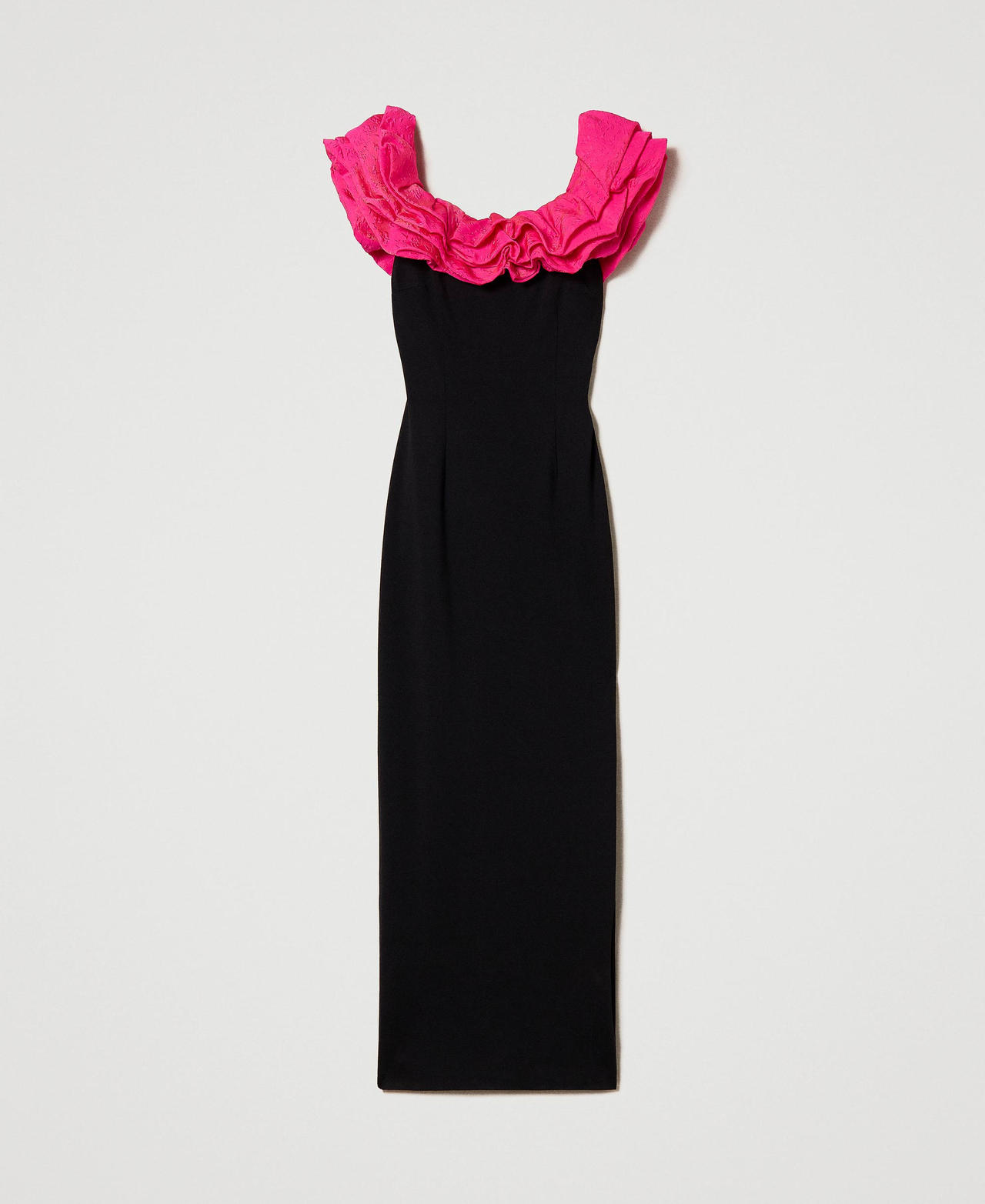 Long dress with embossed taffeta flounces