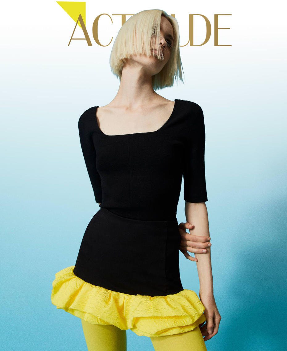 Miniskirt with embossed taffeta flounces Two-tone Black / "Golden Kiwi” Yellow Woman 232AP2013-01