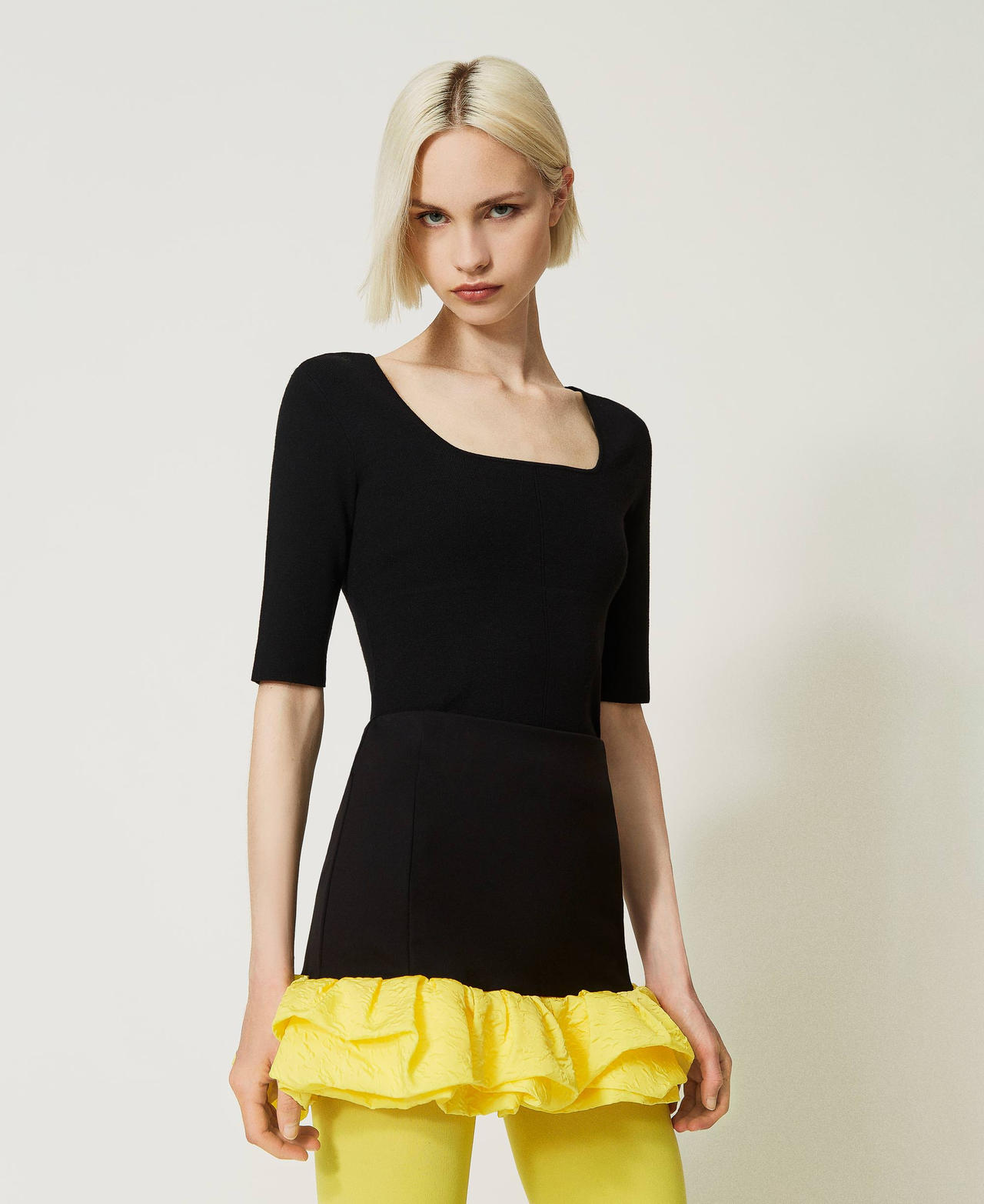 Miniskirt with embossed taffeta flounces Two-tone Black / "Golden Kiwi” Yellow Woman 232AP2013-02