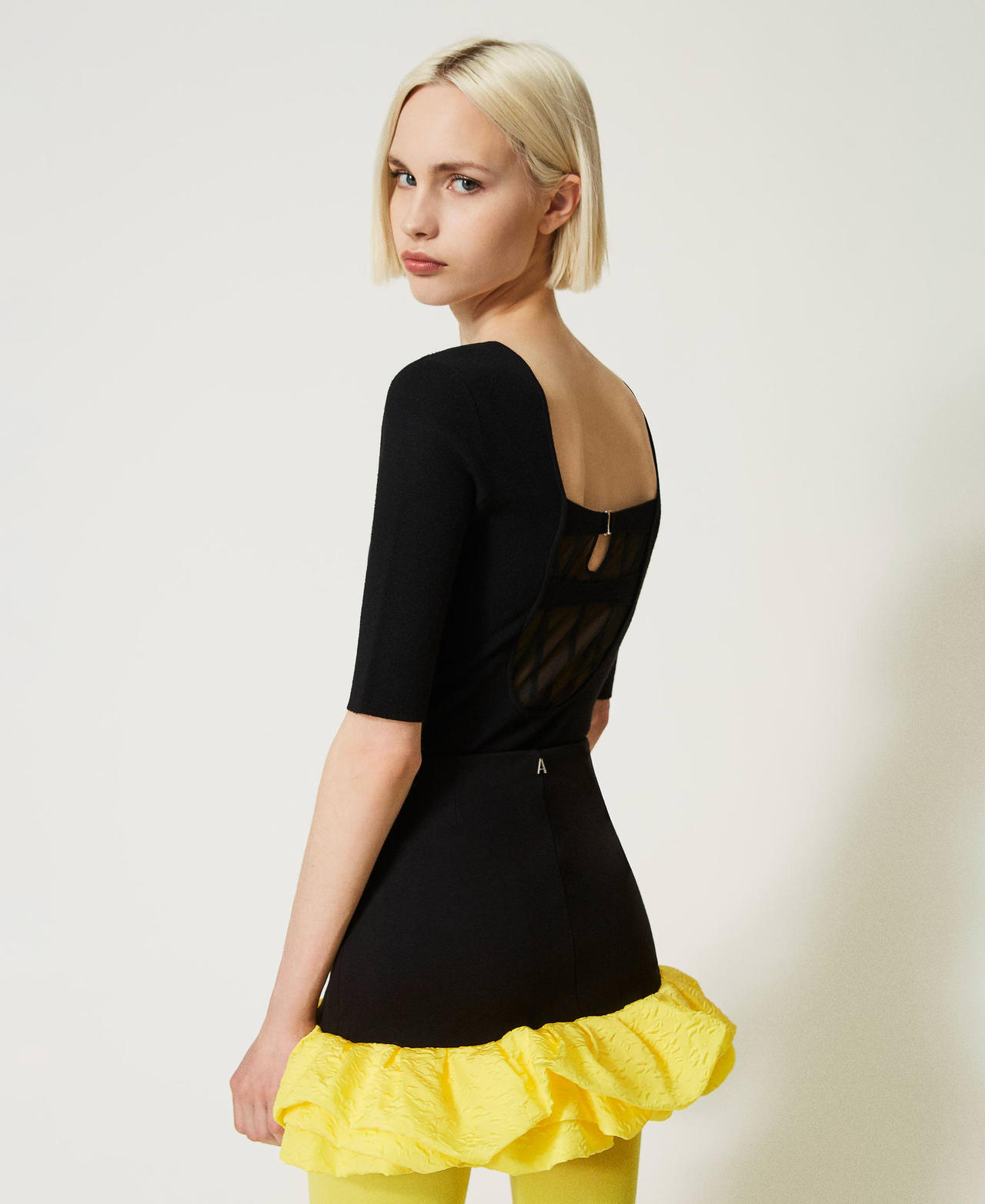 Miniskirt with embossed taffeta flounces Two-tone Black / "Golden Kiwi” Yellow Woman 232AP2013-03