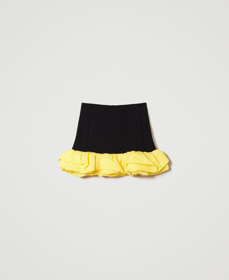 Minirock mit Rüschen aus geprägtem Taft Zweifarbig Schwarz/ „Golden Kiwi“-Gelb Frau 232AP2013-0S