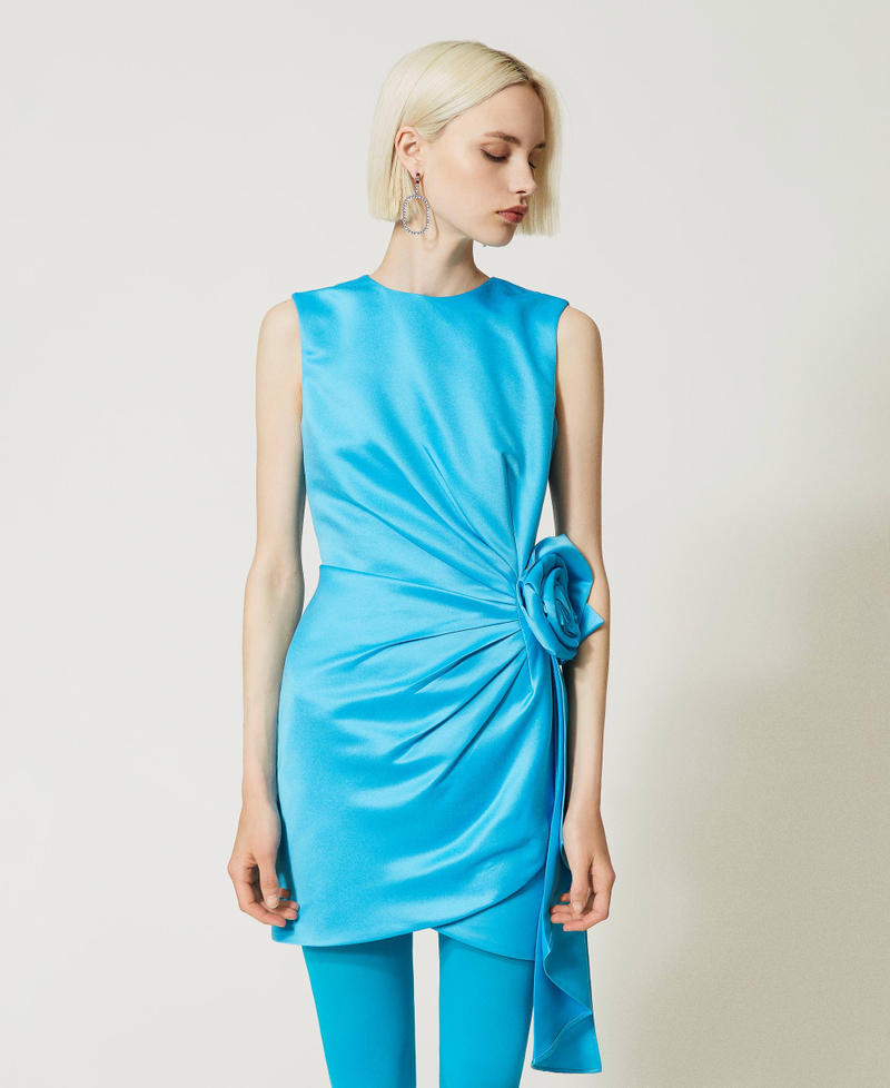Abito corto in duchesse con rosa Malibù Blue Donna 232AP2022_10772_02