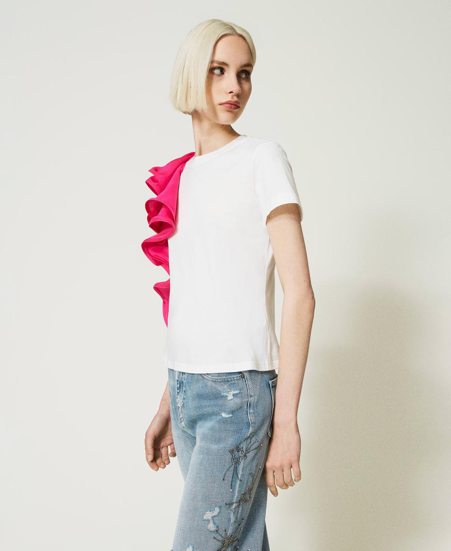Camiseta con volantes de raso Bicolor Bright White / Fuchsia Dahlia Mujer 232AP2070-03