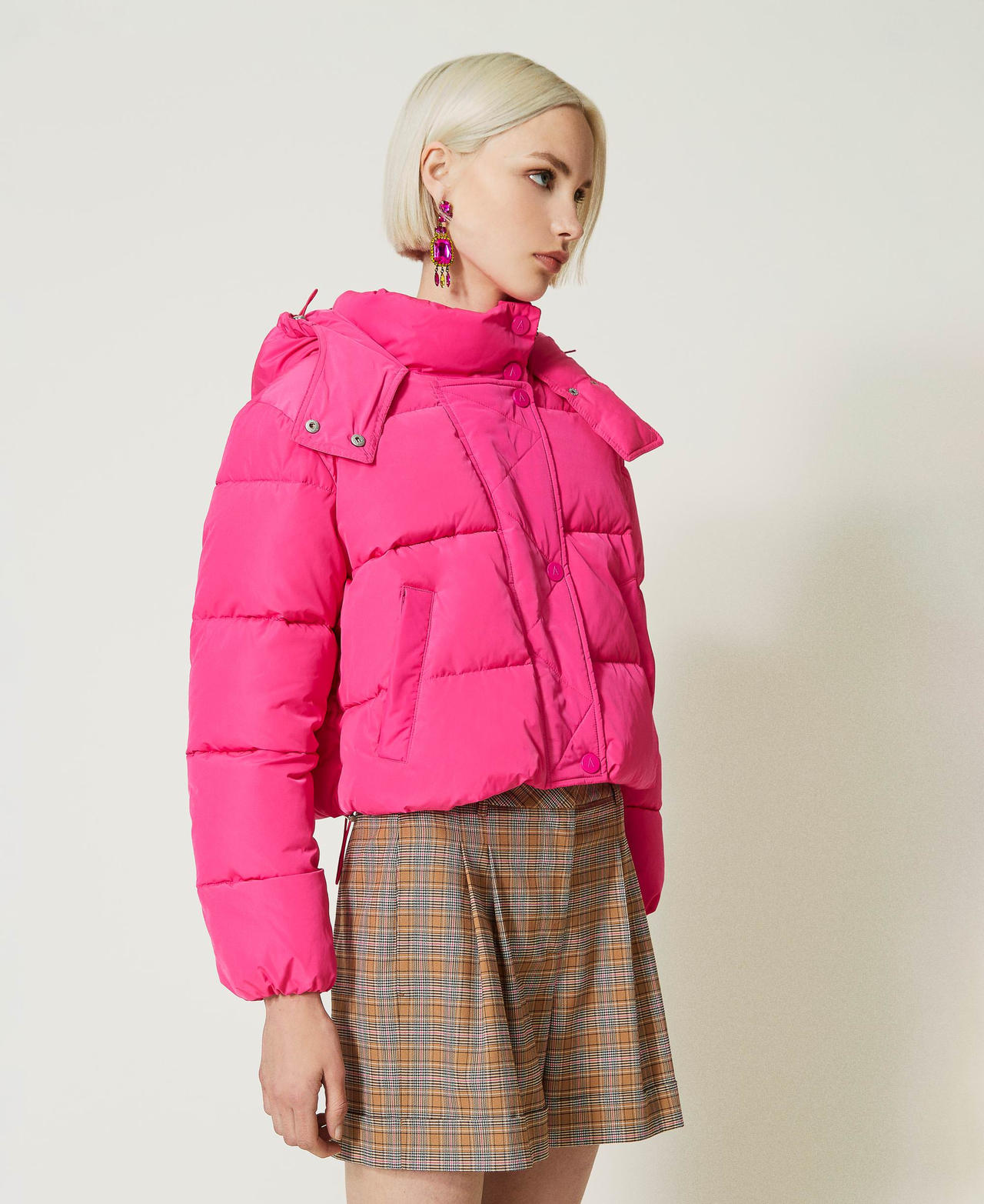 Short puffer jacket with hood Woman Fuchsia TWINSET Milano