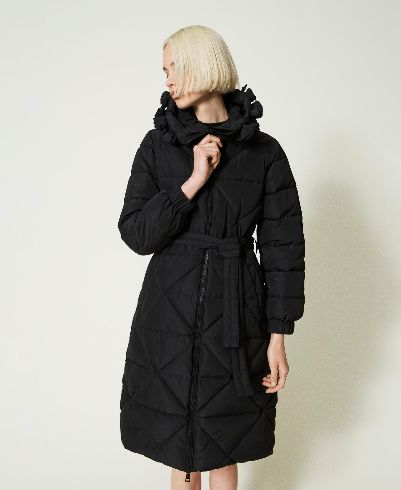 Long puffer coat with roses Black Woman 232AP2101-02