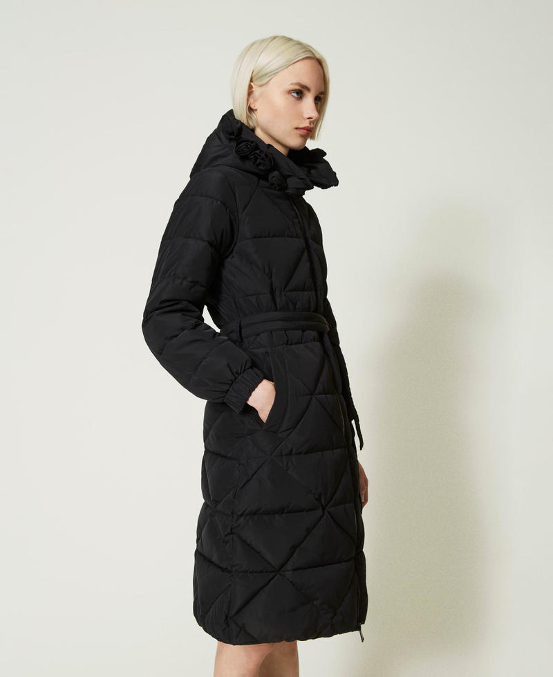 Long puffer coat with roses Woman, Black | TWINSET Milano