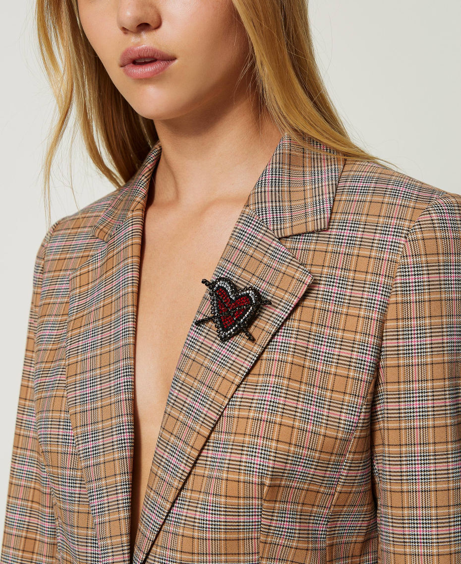 Glen plaid jacket with brooch