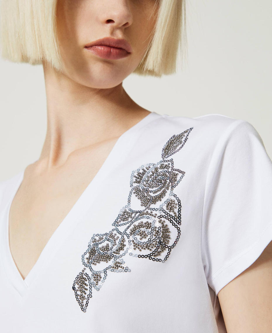 T-shirt avec broderie florale Blanc Brillant Femme 232AP2213-05