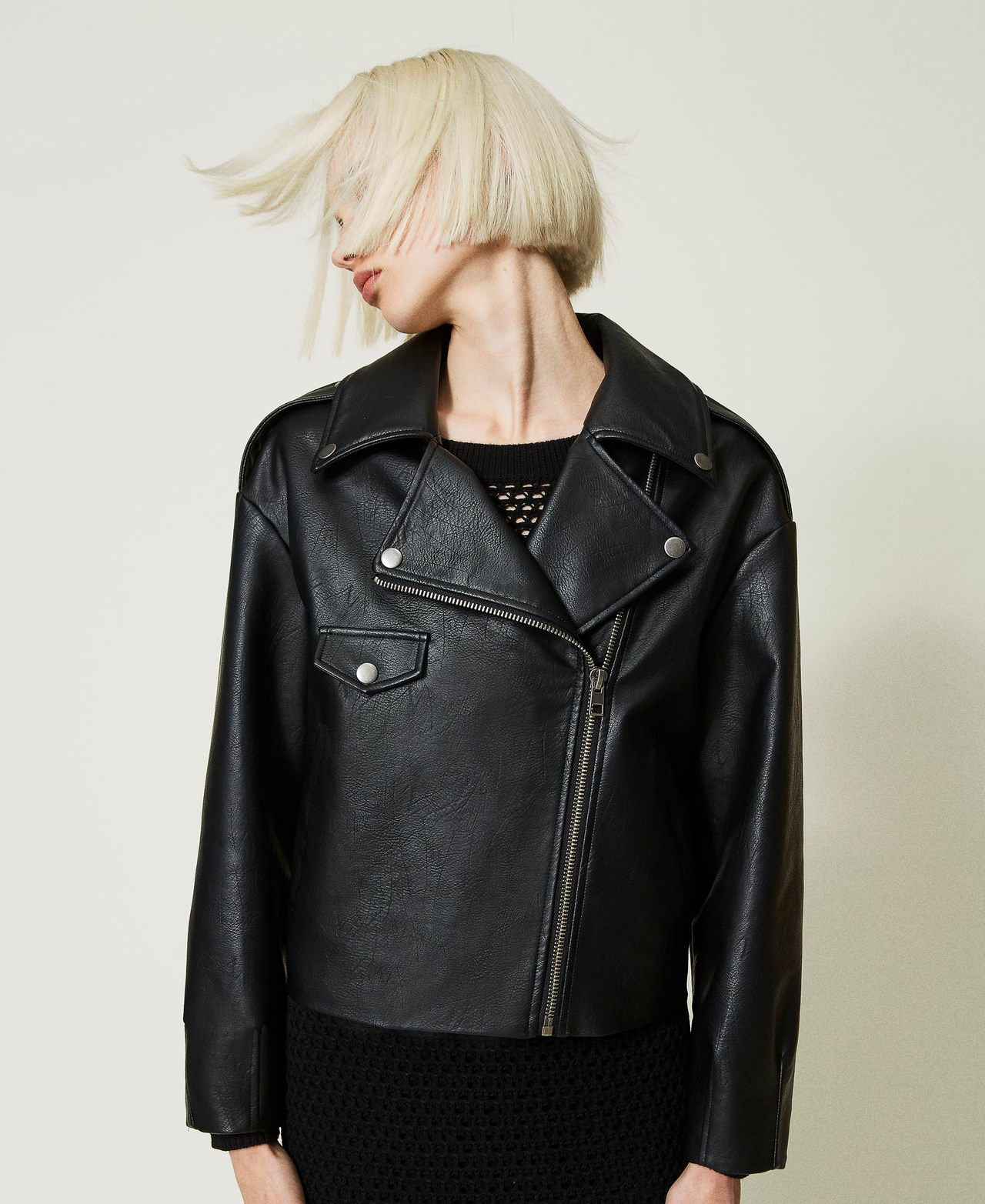Punched leather-like biker jacket Black Woman 232AP2250-02
