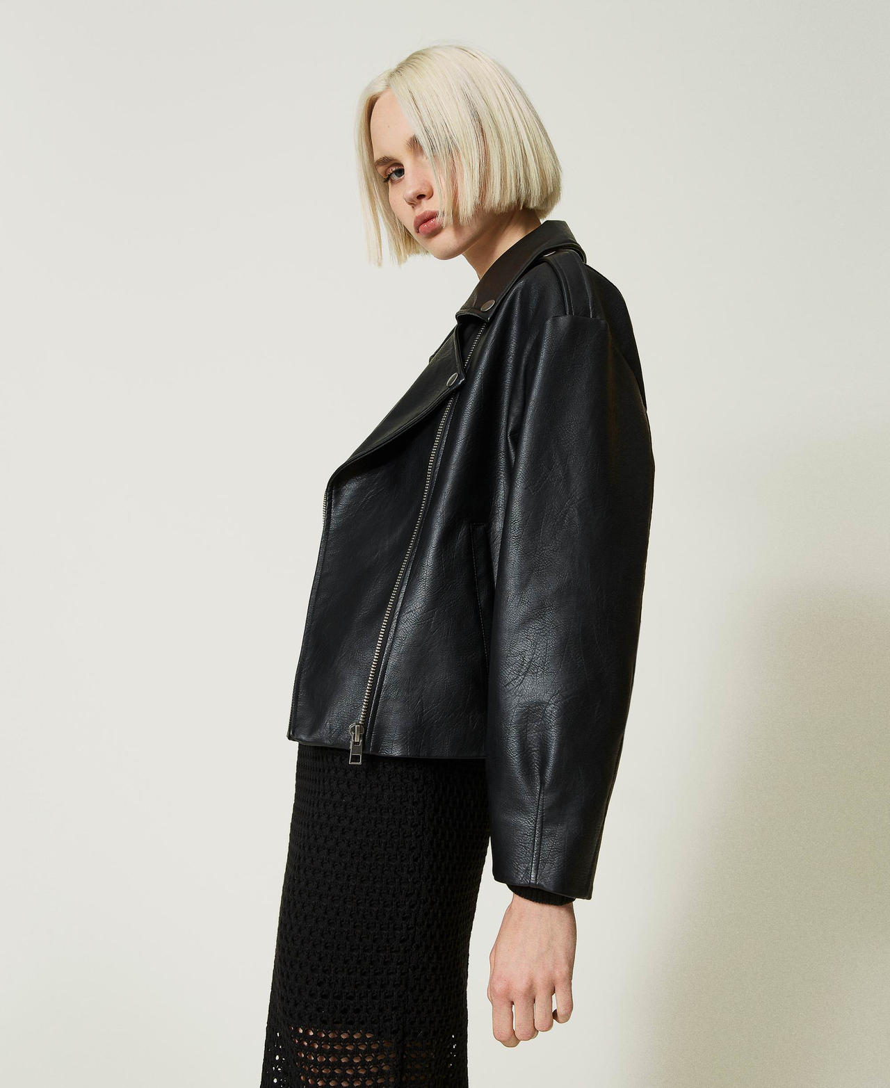 Punched leather-like biker jacket