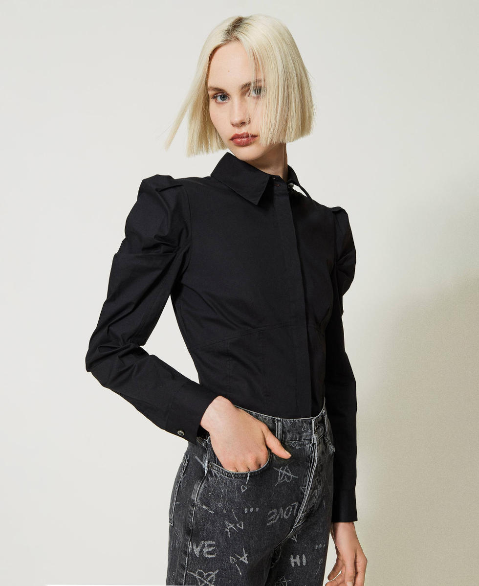 Chemise en popeline avec manches ballon Femme Noir TWINSET Milano