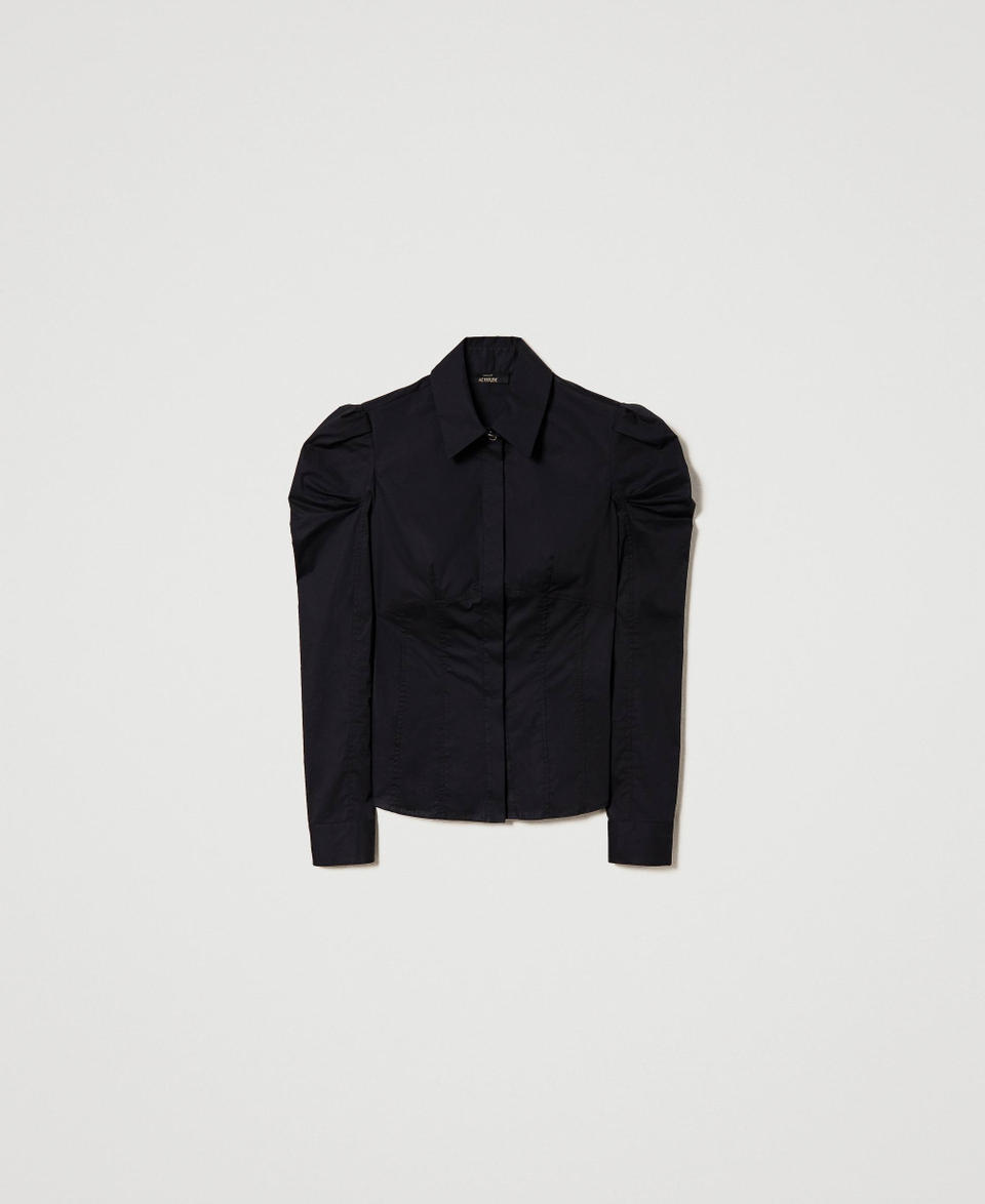 Camicia in popeline con maniche balloon Nero Donna 232AP2281_00006_S0