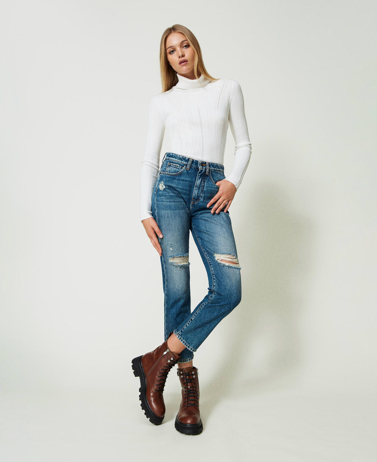 Jeans straight fit con rotture Blu "Denim Medio" Donna 232AP2340-02