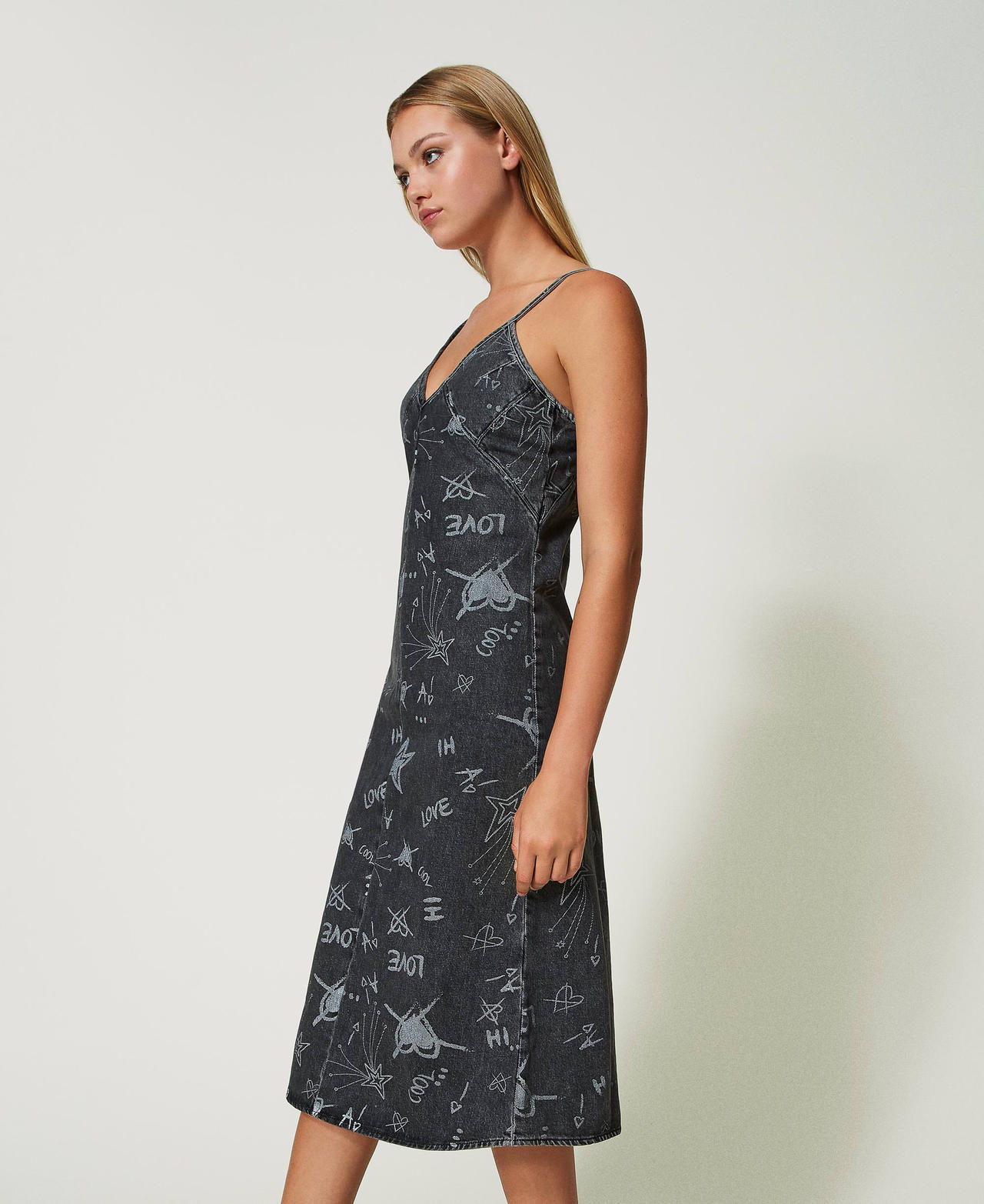 Denim dress with graffiti print