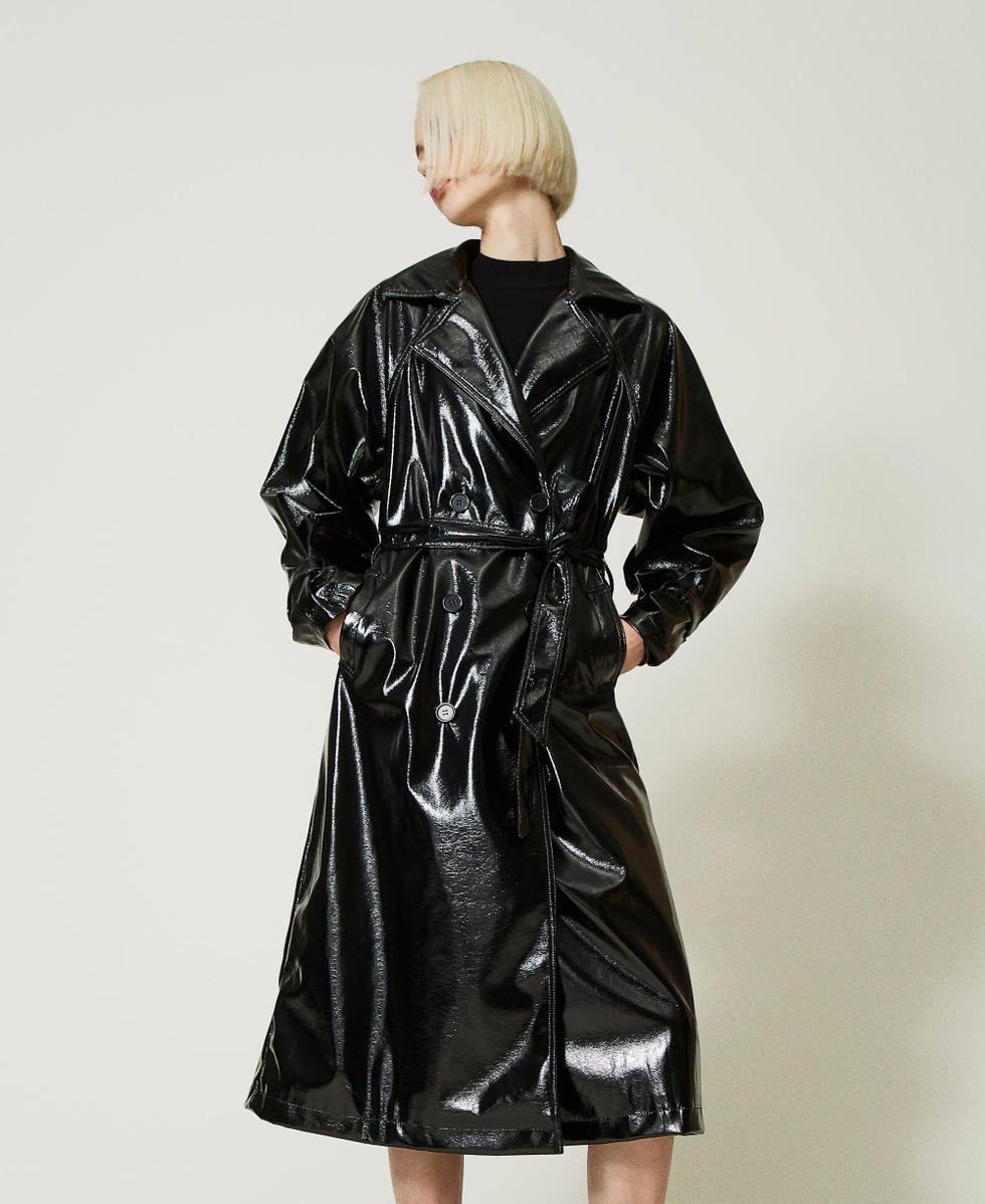 Long black vinyl trench coat shop