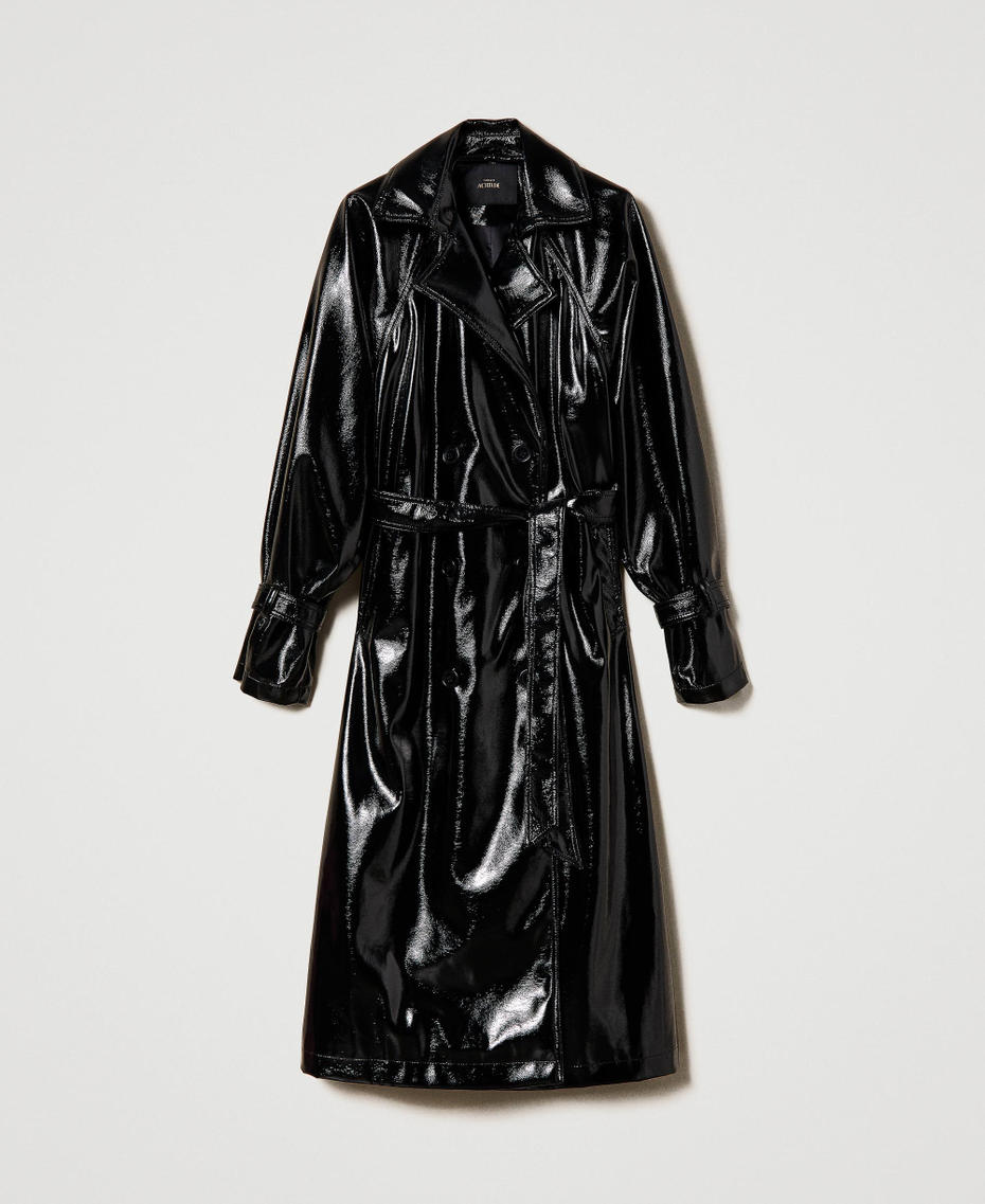 Double-breasted vinyl trench coat