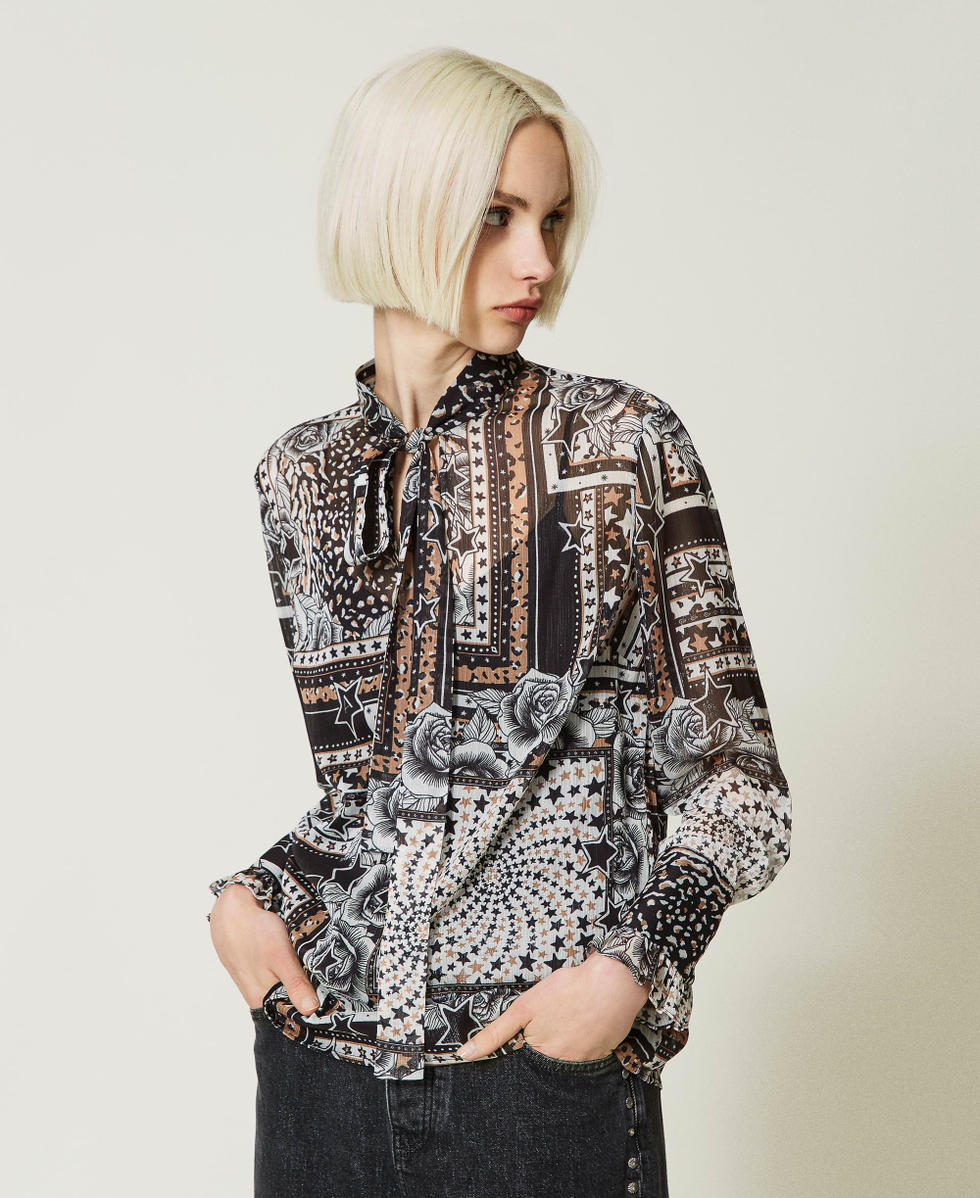 Blouse en cr&eacute;pon imprim&eacute; Imprim&eacute; Foulard Lys Femme 232AP2470_10804_02