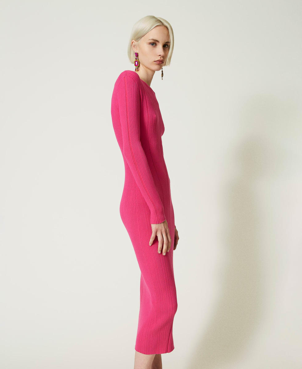 Robe longue en maille c&ocirc;tel&eacute;e Fuchsia Dahlia Femme 232AP3041_10774_03