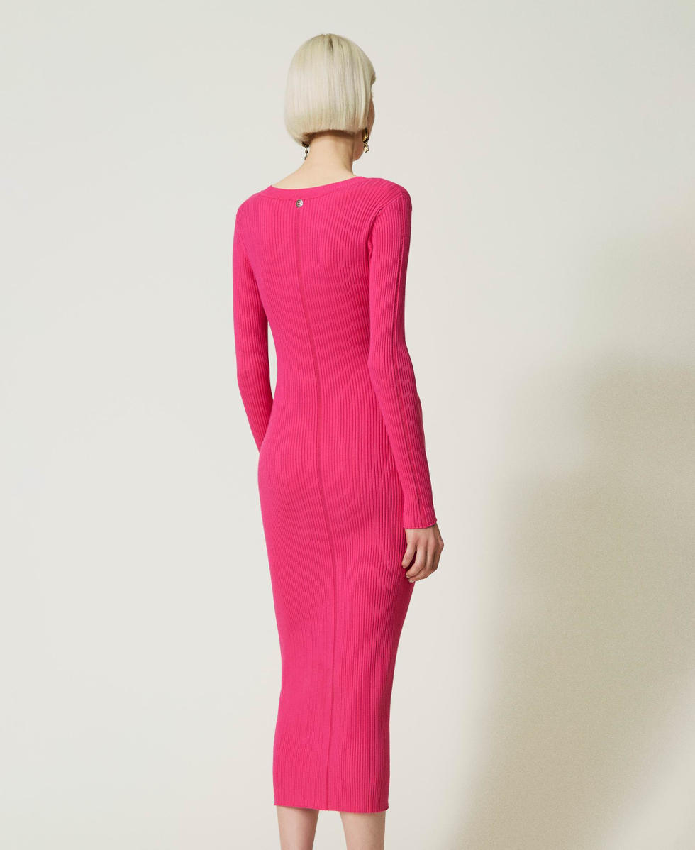 Robe longue en maille c&ocirc;tel&eacute;e Fuchsia Dahlia Femme 232AP3041_10774_04