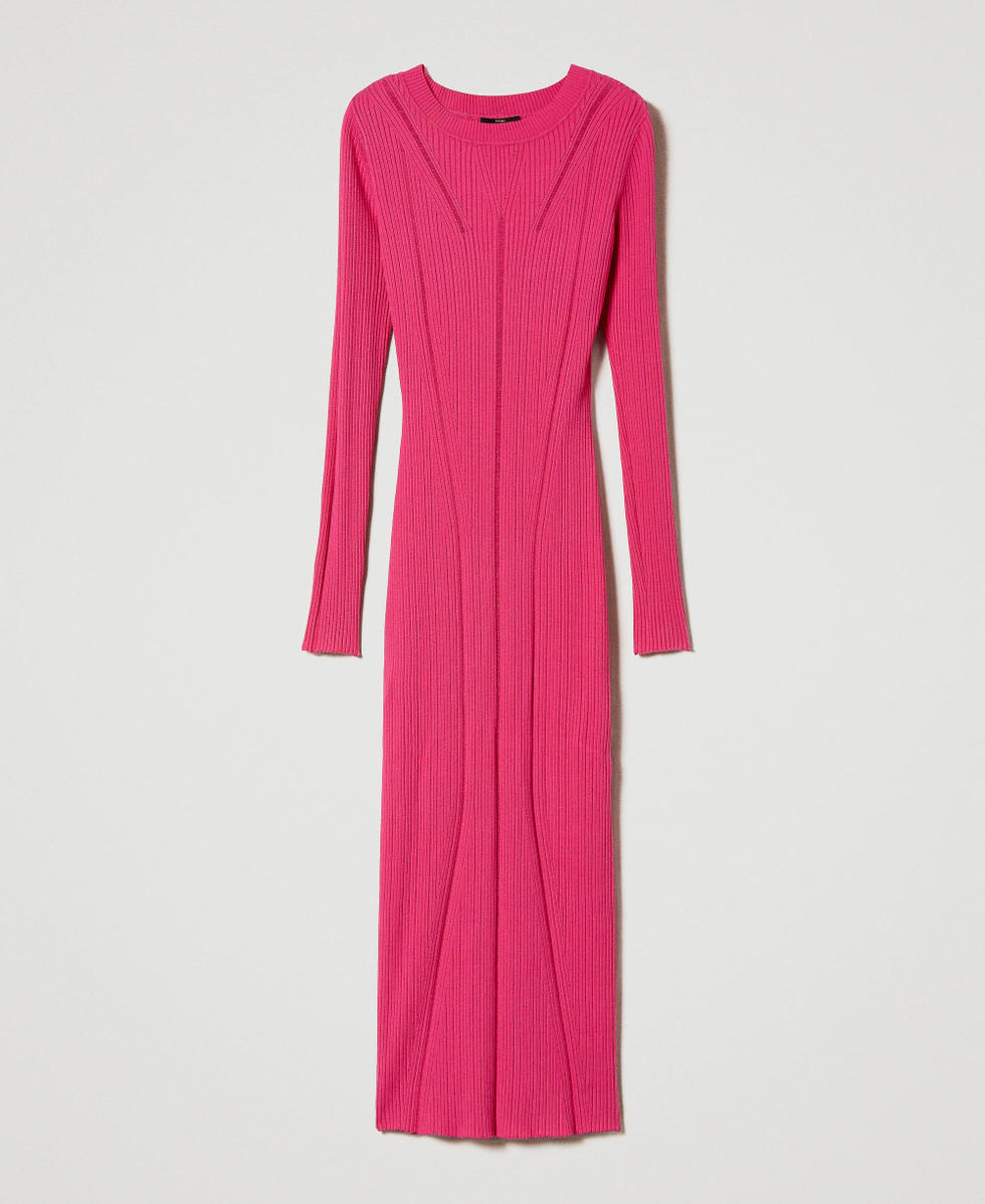 Robe longue en maille c&ocirc;tel&eacute;e Fuchsia Dahlia Femme 232AP3041_10774_S0