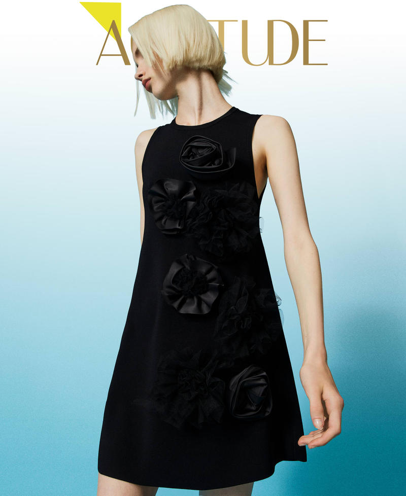 Short dress with tulle and satin flowers Black Woman 232AP3050-01