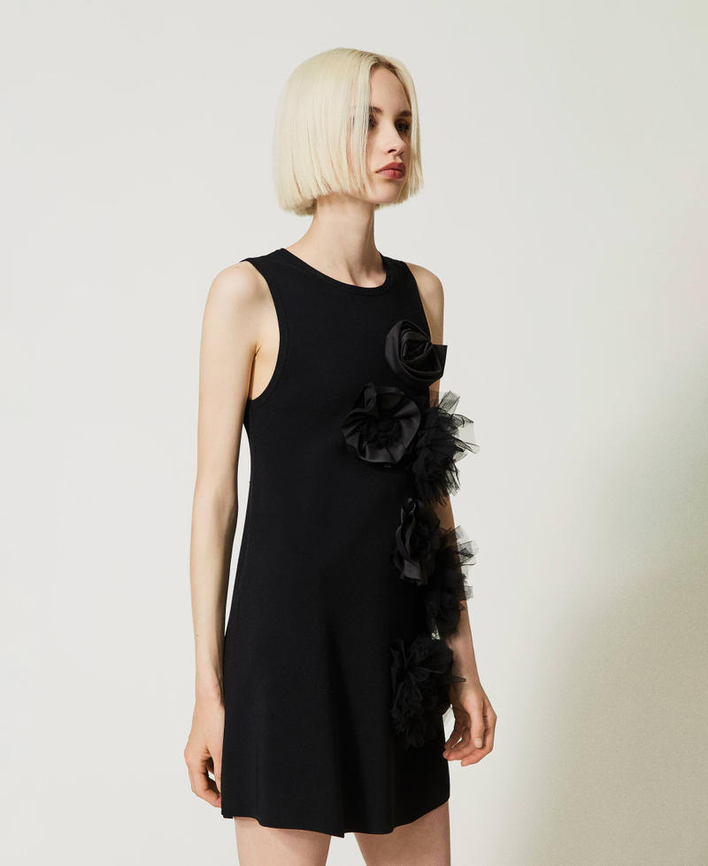 Short dress with tulle and satin flowers Black Woman 232AP3050-03