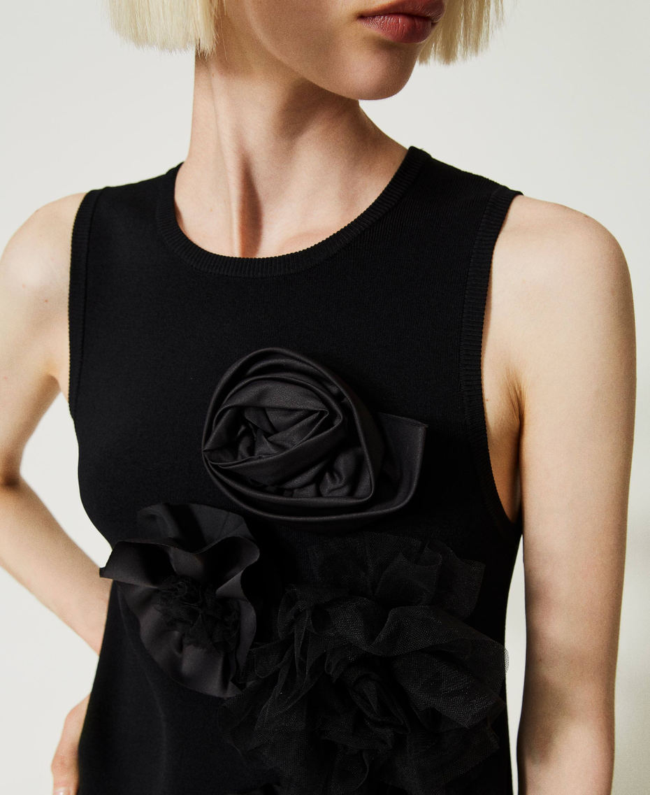 Robe courte avec fleurs en tulle et satin Noir Femme 232AP3050-05