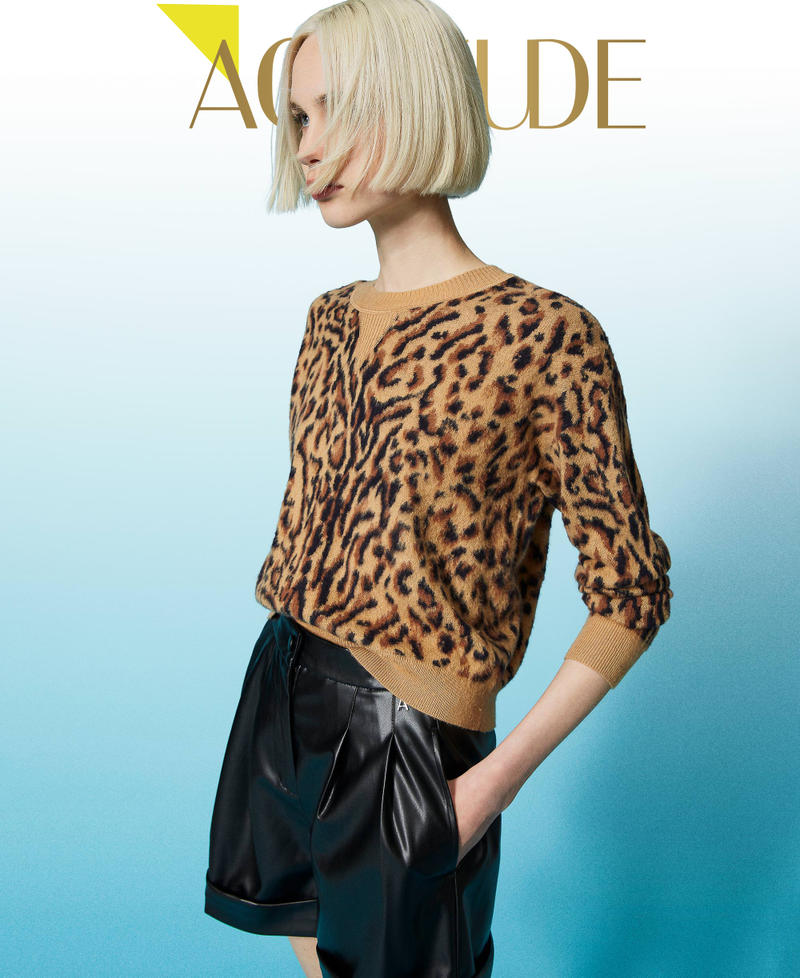 Wool blend jacquard animal print jumper "Cinnamon” Brown Lynx Woman 232AP3121-01