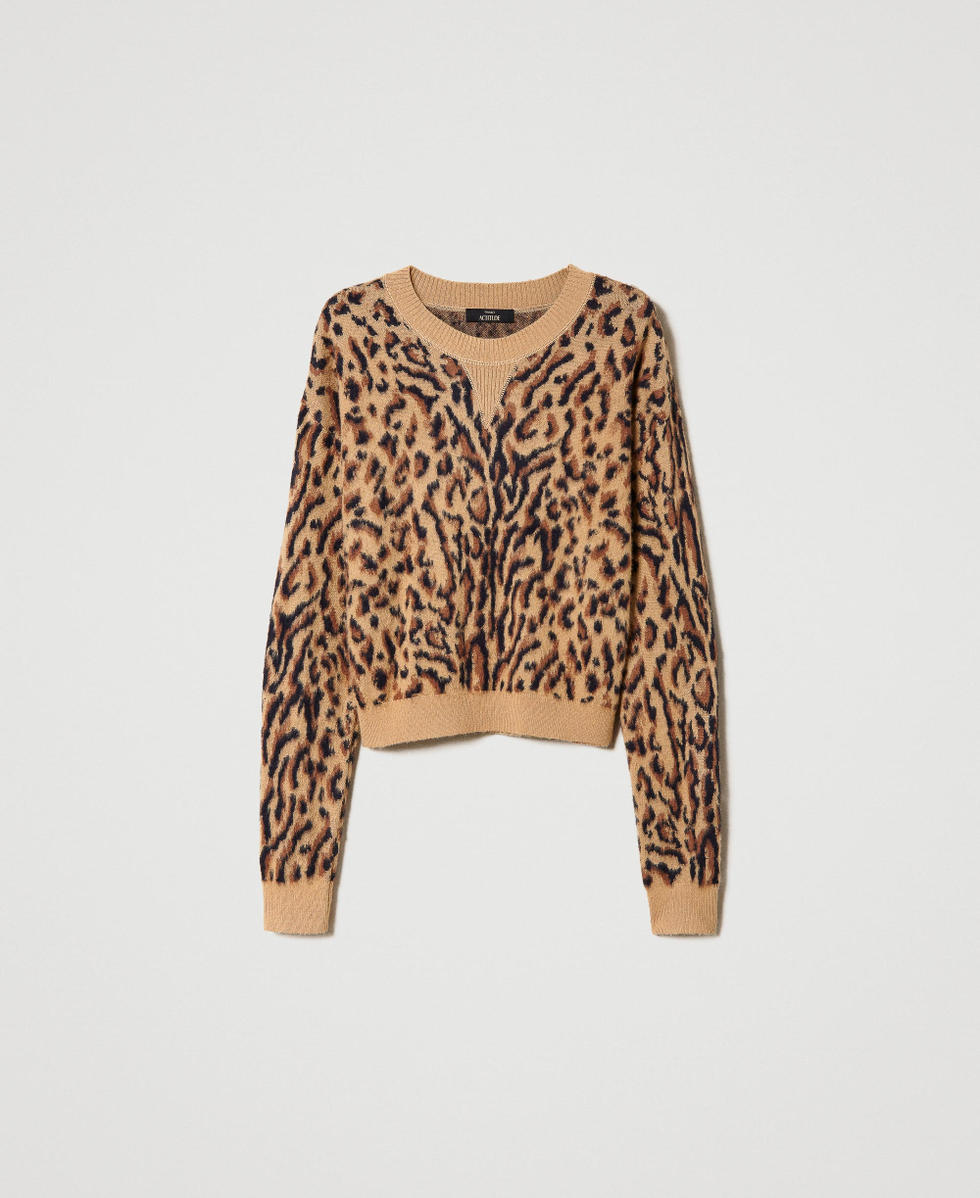 Pull jacquard animalier en laine m&eacute;lang&eacute;e