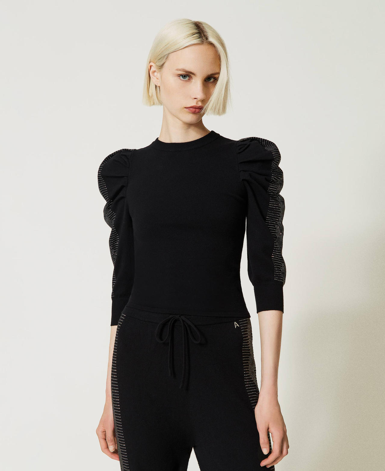 Fitted jumper with gathering and studs Black Woman 232AP3130_00006_02