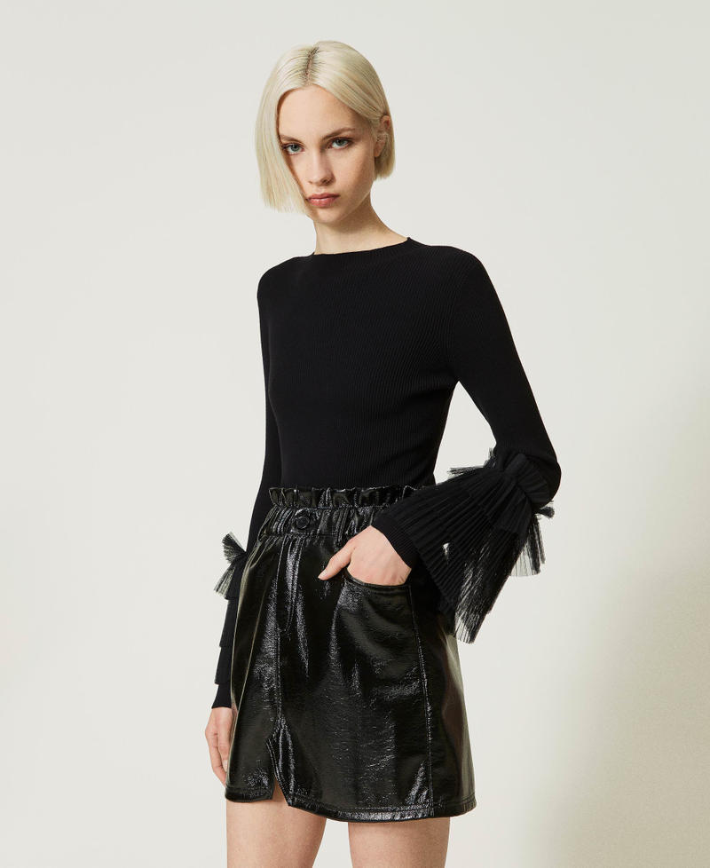 Fitted jumper with pleated tulle Black Woman 232AP3140-03