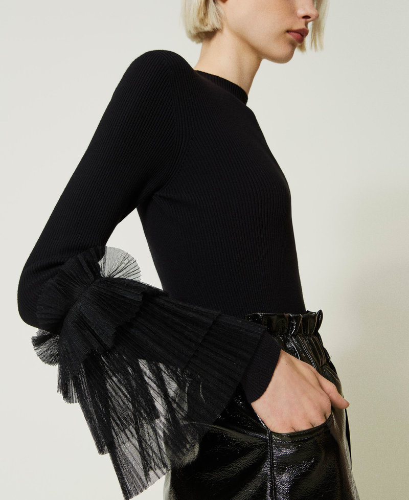 Fitted jumper with pleated tulle Black Woman 232AP3140-05