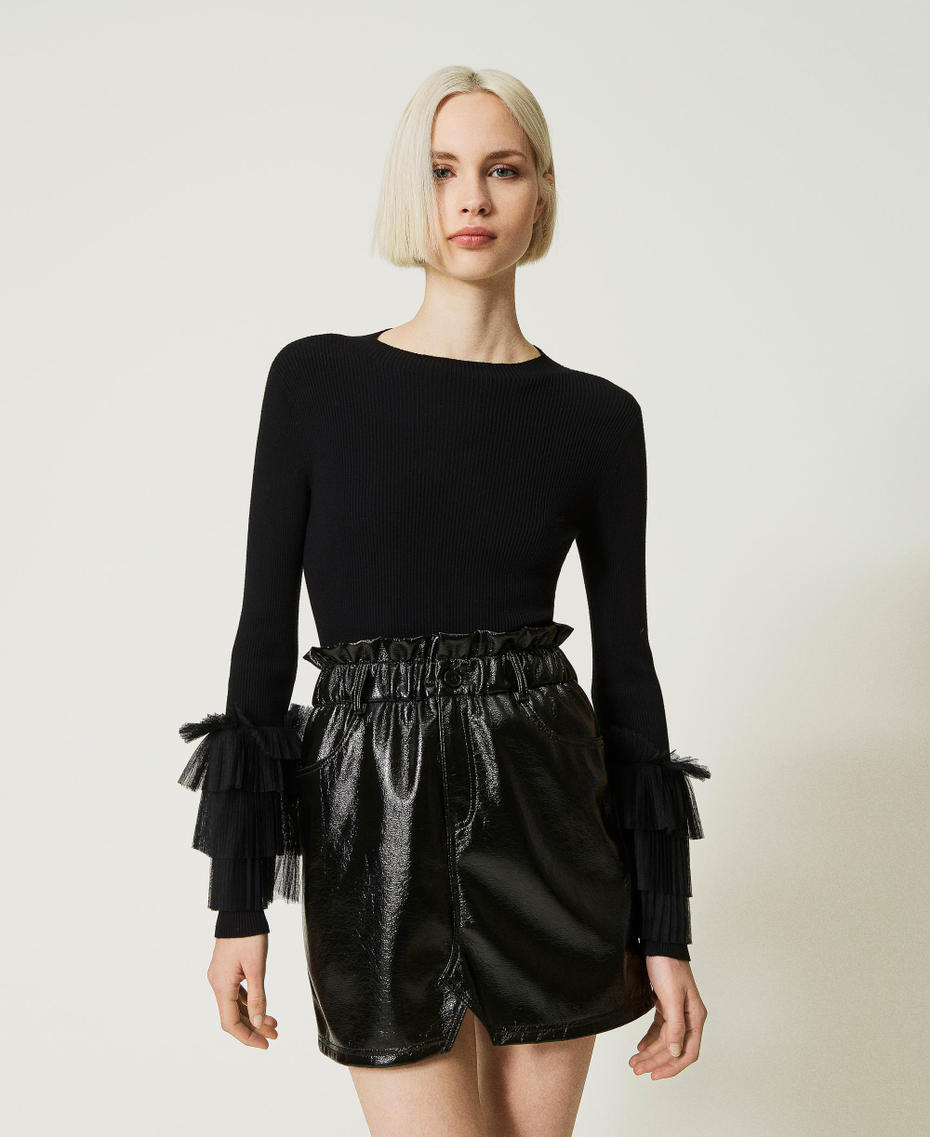 Fitted jumper with pleated tulle Black Woman 232AP3140-0T
