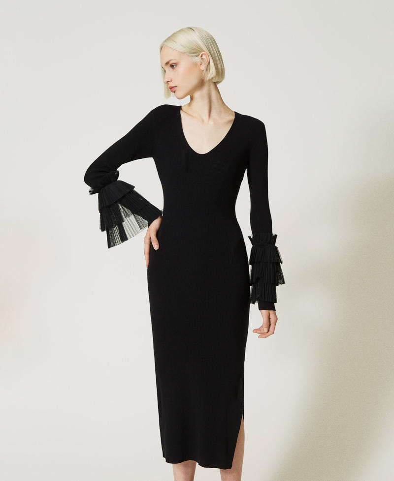 Длинное платье с плиссированным тюлем Черный женщина 232AP3141-02