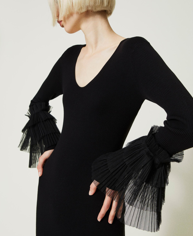 Abito lungo con tulle plissé Donna, Nero | TWINSET Milano