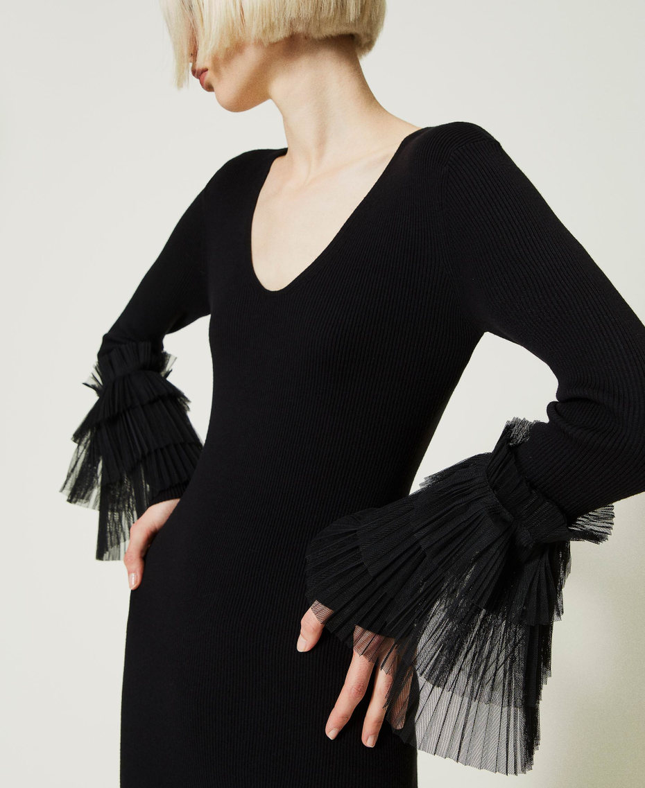 Длинное платье с плиссированным тюлем Черный женщина 232AP3141-05