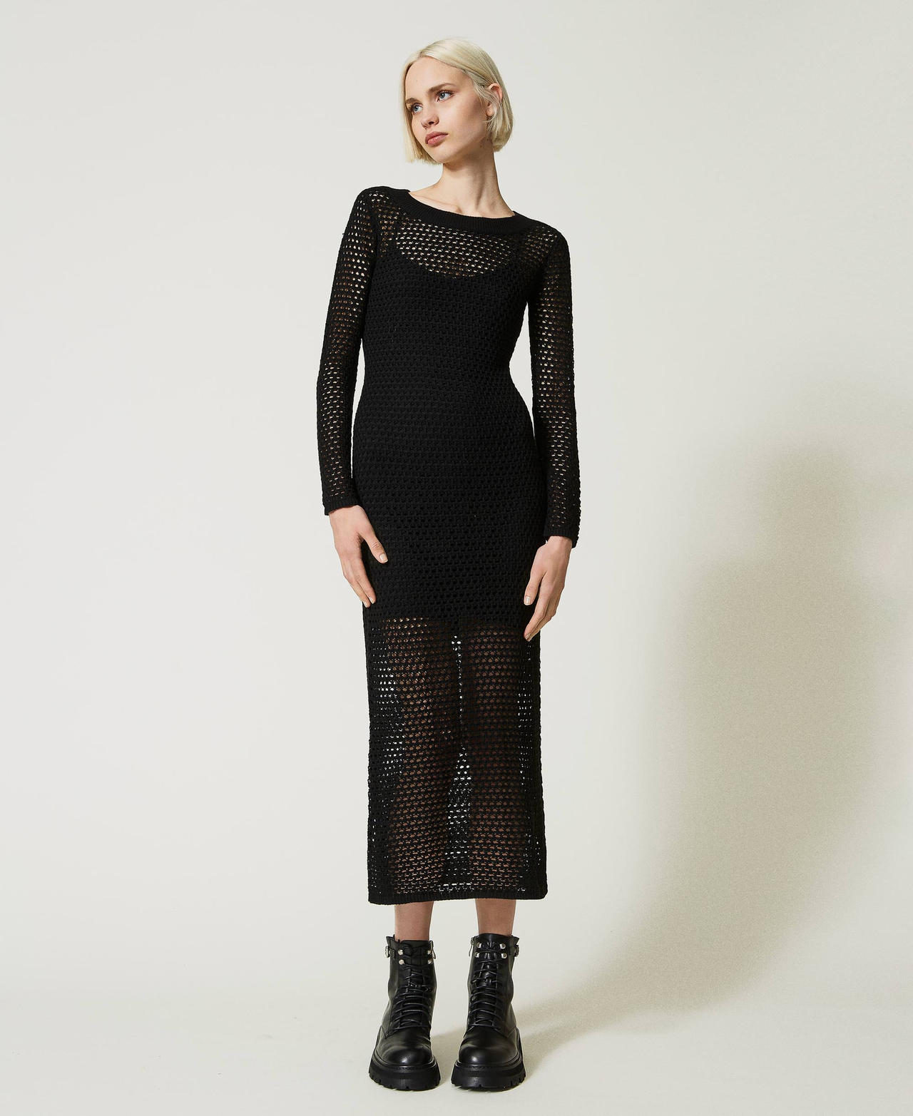 Long mesh knit wool blend dress Black Woman 232AP3155-02