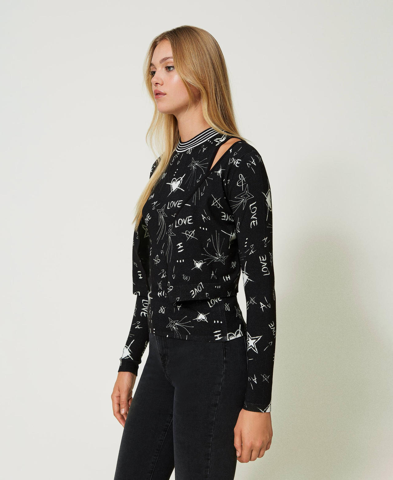 Printed knit cardigan and top