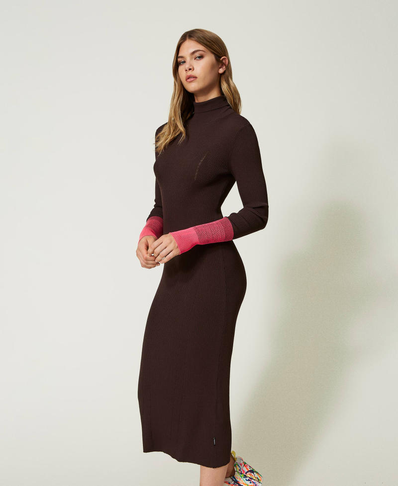 Long MYFO dress with neon coloured details Two-tone Black Chocolate / Neon Pink Woman 232AQ3401-01