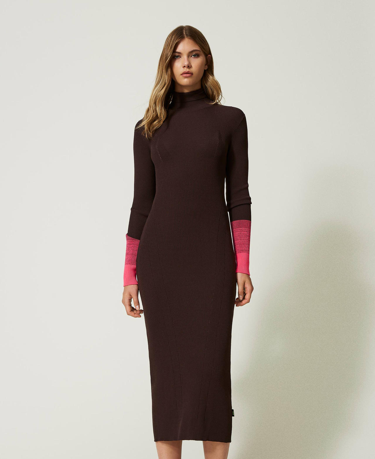 Long MYFO dress with neon coloured details Two-tone Black Chocolate / Neon Pink Woman 232AQ3401-02