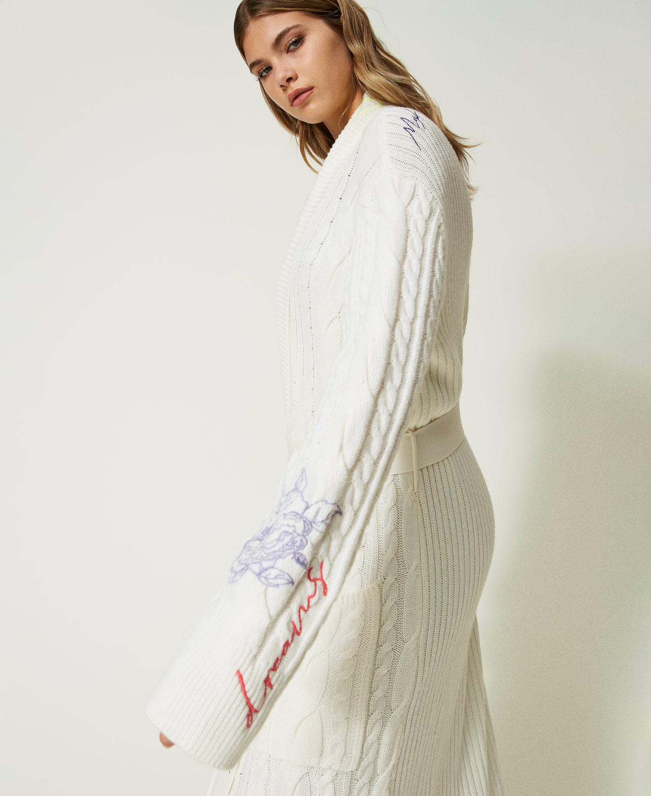 MYFO maxi cardigan with cable knit work and embroidery