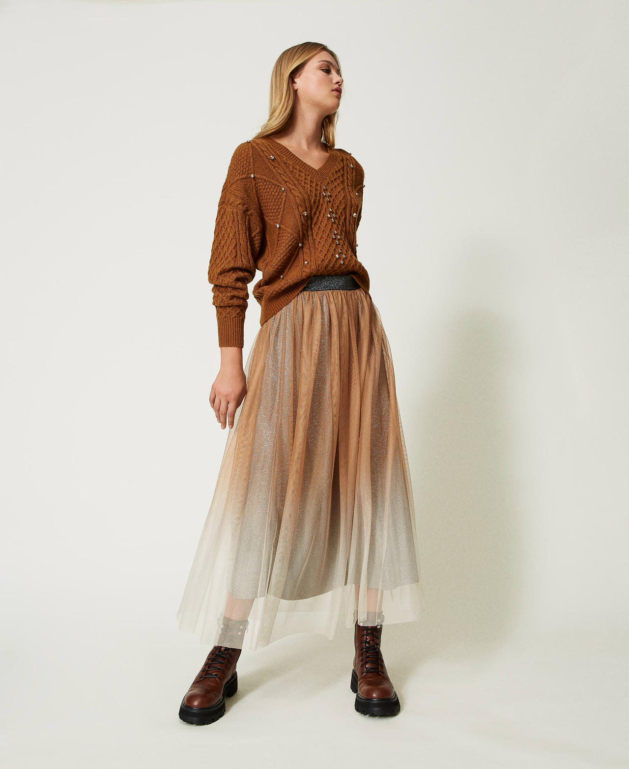 Fadeout print tulle skirt Irish Cream Hazelnut Woman 232AT2010_00790_02