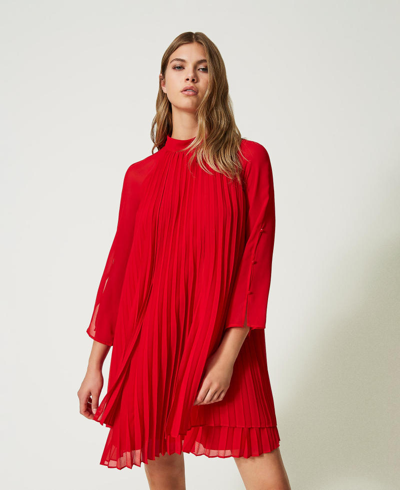 Robe courte en crêpe georgette plissé Rouge « Géranium » Femme 232AT2020-02