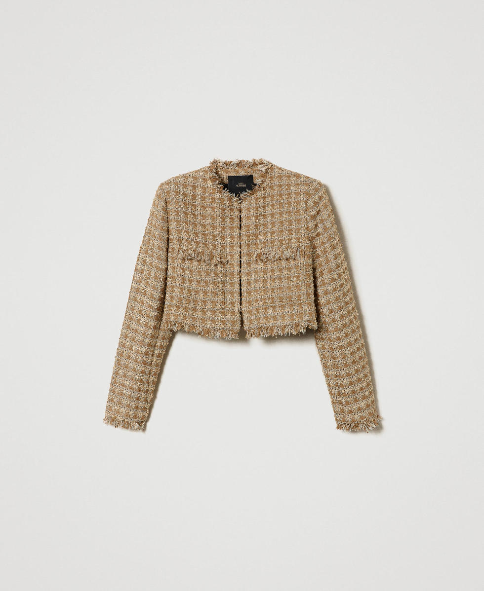 Blouson cropped en tissu boucl&eacute; avec fil lurex
